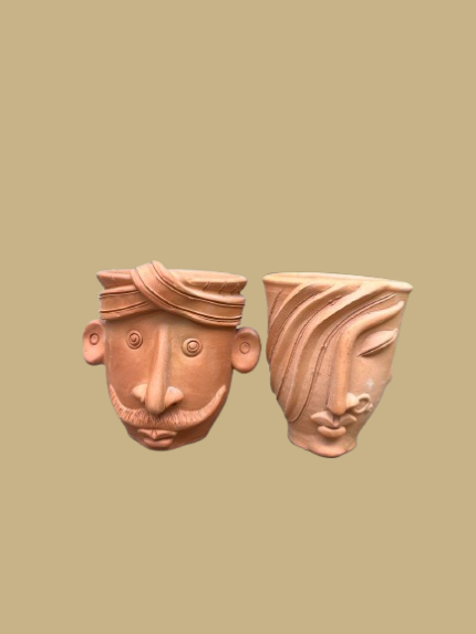 Terracotta Couple Face Planters – Dual Clay Pots for Plants