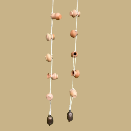 Handcrafted terracotta wind chime with rustic clay pots and metal bells – eco-friendly hanging decor for home, balcony, or garden.