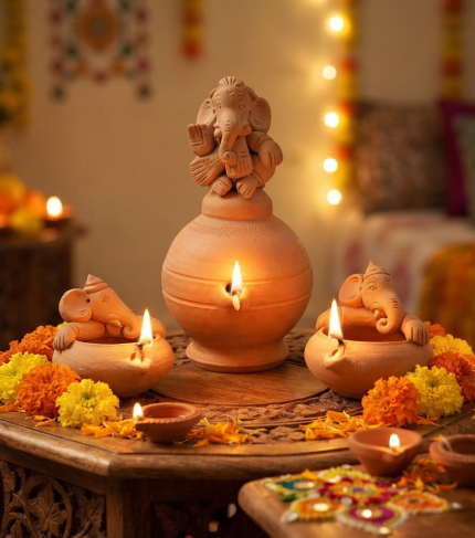 Terracotta Ganesh diya set